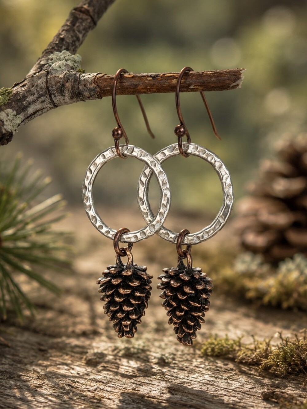 Pinecone Dangle Earrings Mixed Metal Silver Copper Woodland Rustic Handcrafted